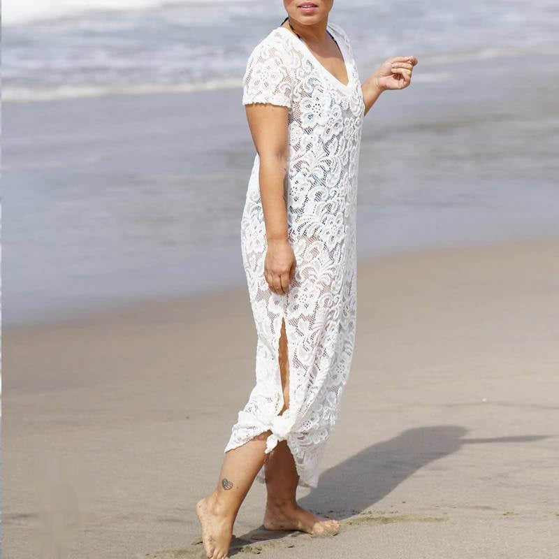 Longue robe de plage en dentelle blanche larobedeplage.fr