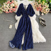 Combinaison longue taille haute à pois bleu foncé