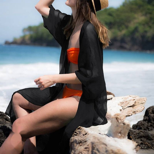 Robe de plage noire Zoé en mousseline ultra légère larobedeplage.fr