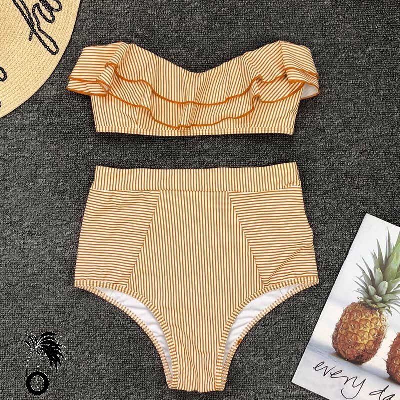 Bikini bandeau taille haute à volants sexy