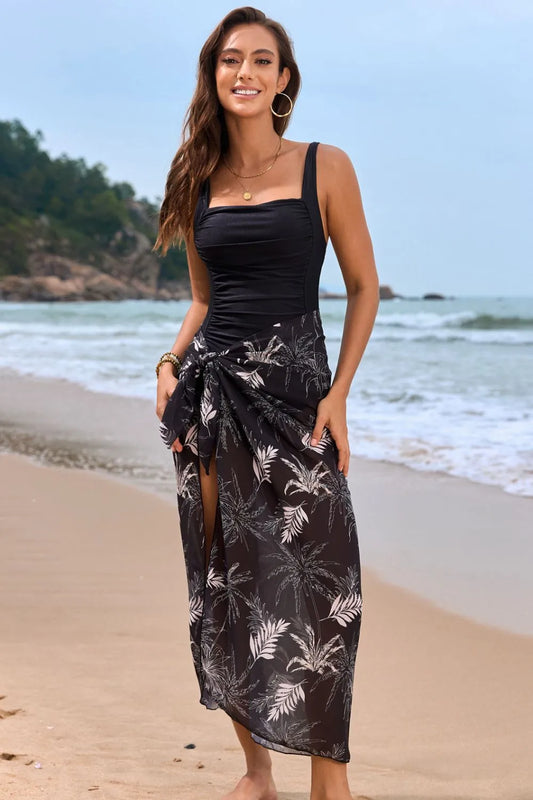 Maillot de bain 1 pièce femme col carré avec paréo imprimé