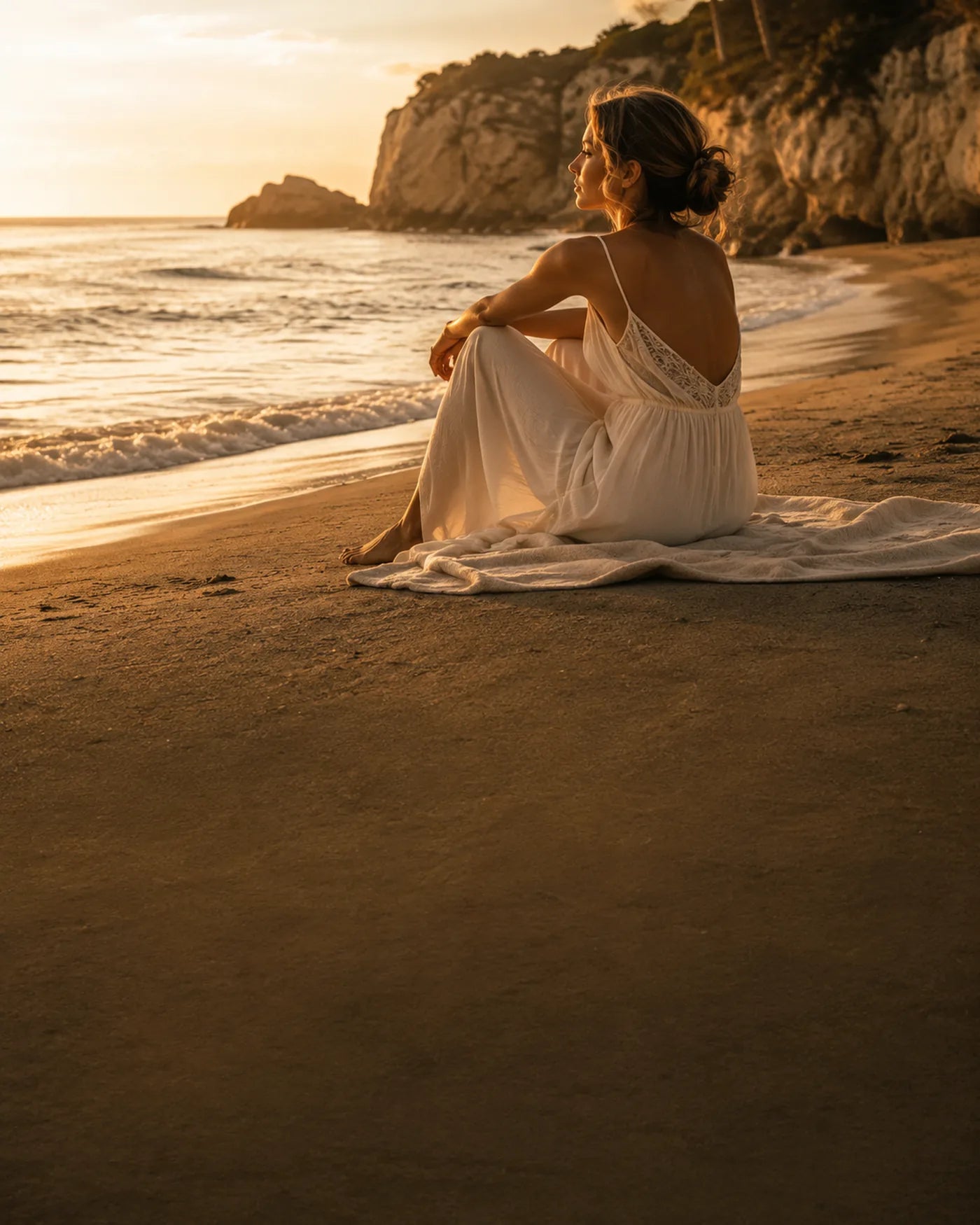 Femme en robe de plage longue blanche au bord de l'eau au coucher du soleil