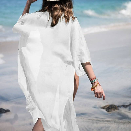 Robe de plage blanche Zoé en mousseline ultra légère larobedeplage.fr