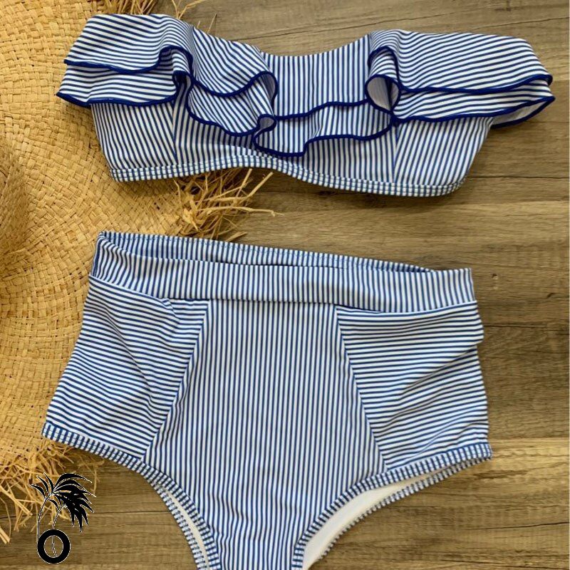 Bikini bandeau taille haute à volants sexy