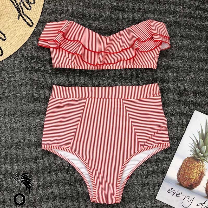 Bikini bandeau taille haute à volants sexy