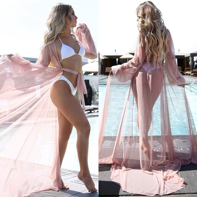 Kimono de plage long et transparent rose