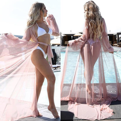 Kimono de plage long et transparent rose