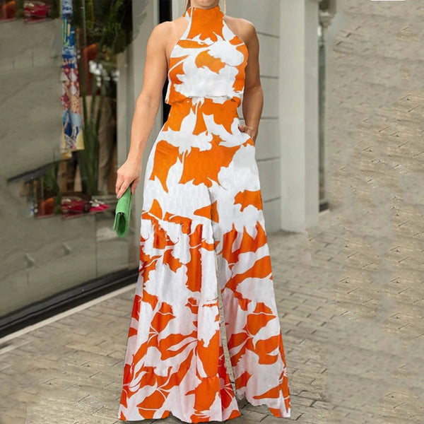 Combinaison décontractée à imprimé sans manche orange