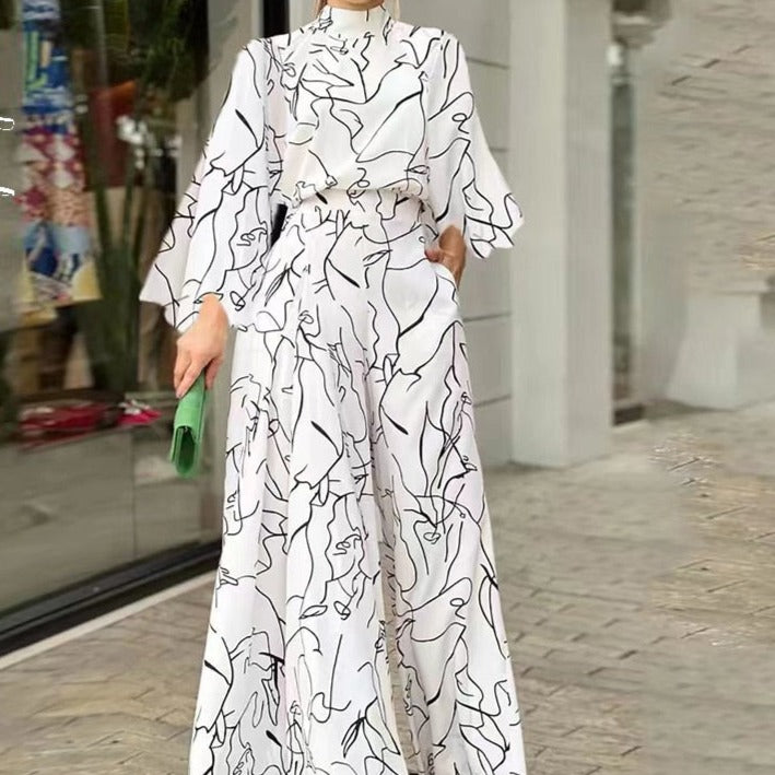 Combinaison élégante à motif artistique et manches longues blanc