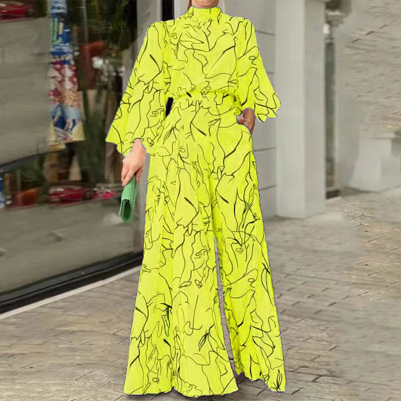 Combinaison élégante à motif artistique et manches longues jaune