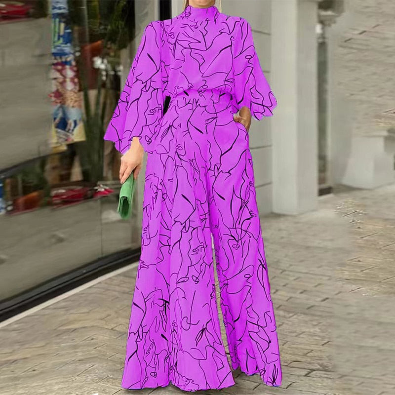 Combinaison élégante à motif artistique et manches longues violet