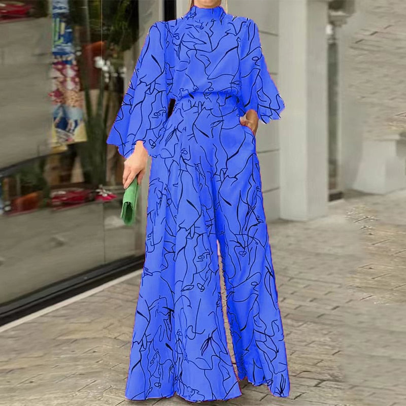 Combinaison élégante à motif artistique et manches longues bleu