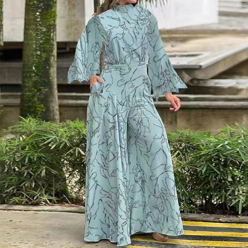 Combinaison élégante à motif artistique et manches longues bleu clair