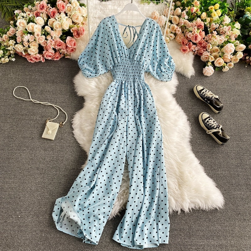 Combinaison longue taille haute à pois bleu