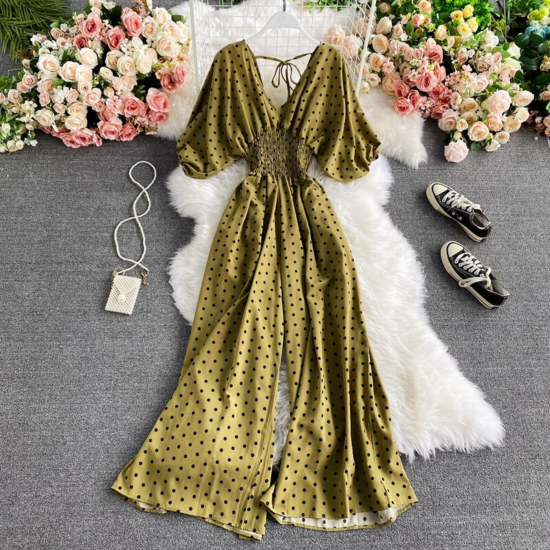 Combinaison longue taille haute à pois vert militaire