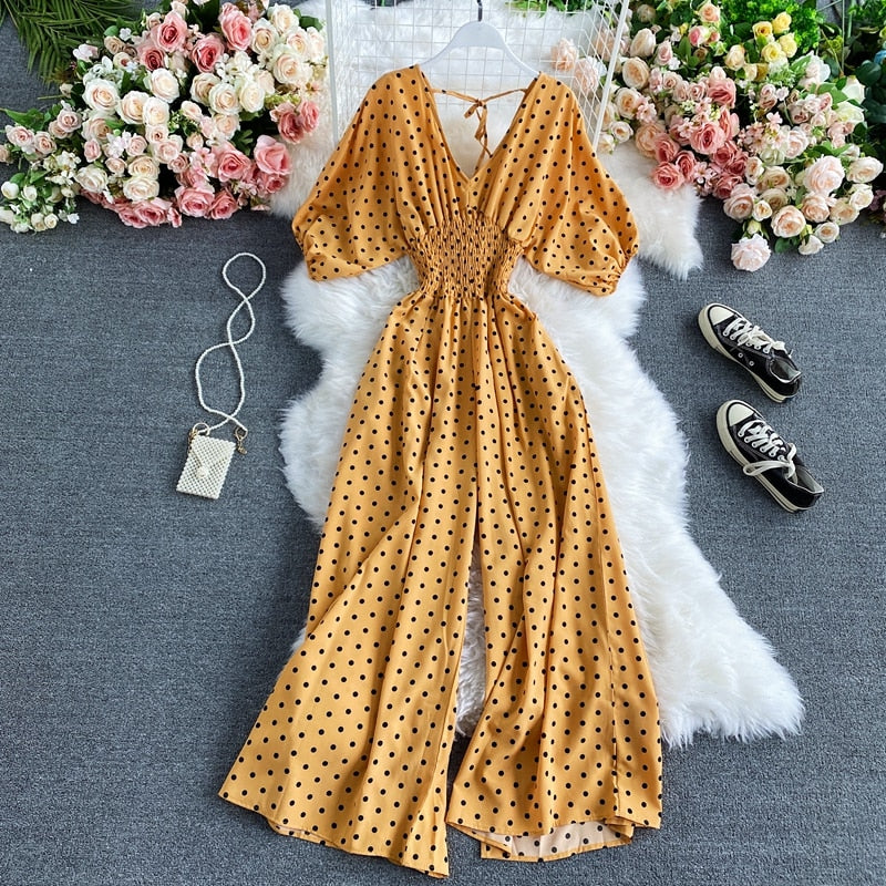 Combinaison longue taille haute à pois jaune