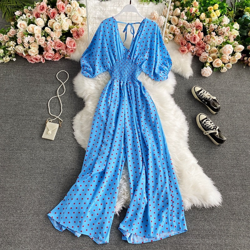 Combinaison longue taille haute à pois bleu ciel