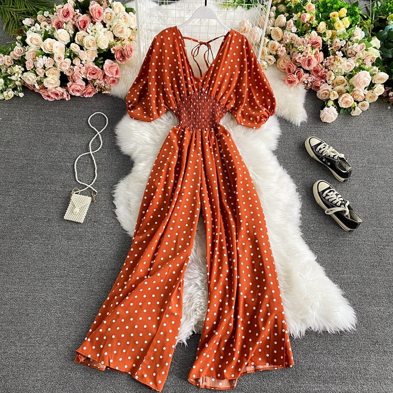 Combinaison longue taille haute à pois orange