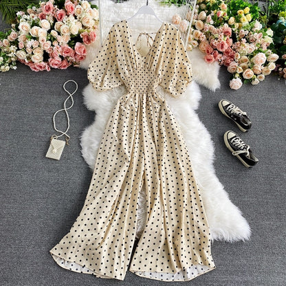 Combinaison longue taille haute à pois beige