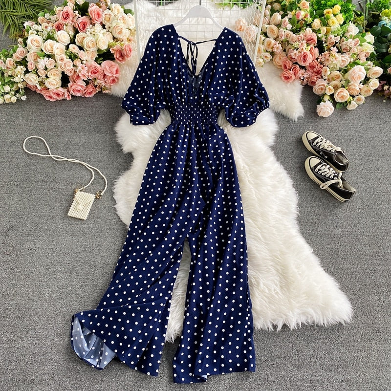Combinaison longue taille haute à pois bleu foncé