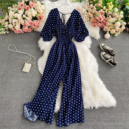 Combinaison longue taille haute à pois bleu foncé