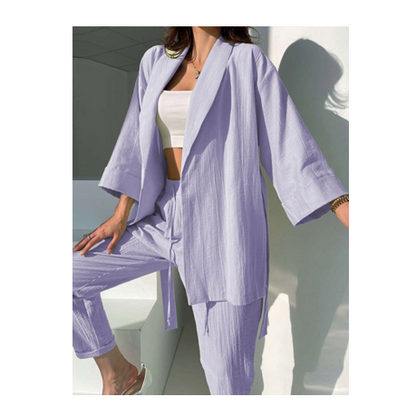 Ensemble 2 pièce décontracté uni avec pantalon taille haute