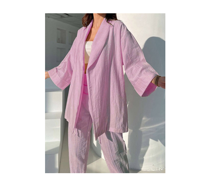 Ensemble 2 pièce décontracté uni avec pantalon taille haute