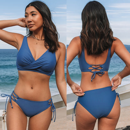 Maillot de bain 2 pièces imprimé uni bleu