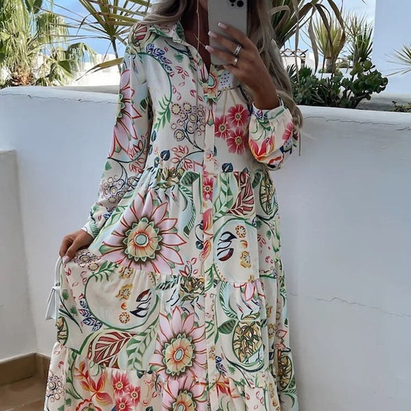 Robe d'été élégante à manches longues fleuri 