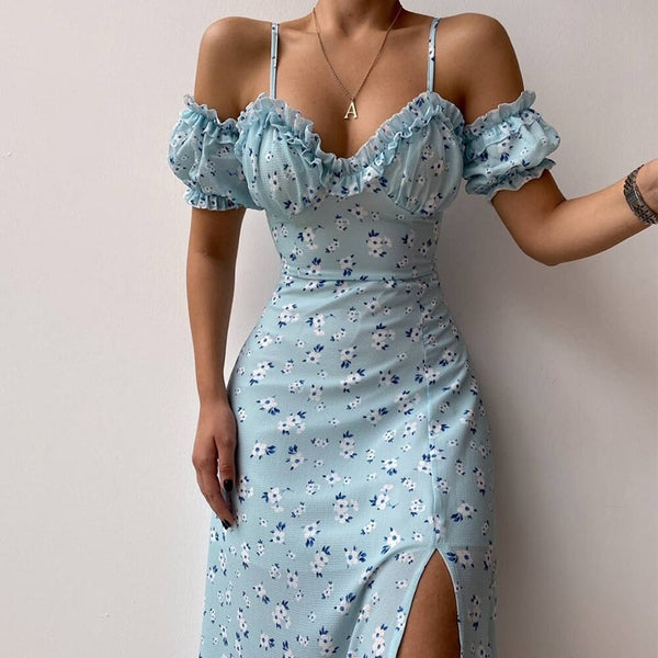 Robe d'été fleurie à fente et épaules dénudées bleu ciel