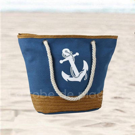 Sac de plage Tote bag paille toile bleu corde ancre marine larobedeplage.fr