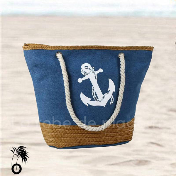 Sac de plage Tote bag paille toile bleu corde ancre marine larobedeplage.fr