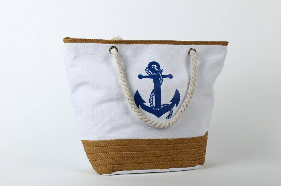 Sac de plage Tote bag paille toile blanc corde ancre marine larobedeplage.fr