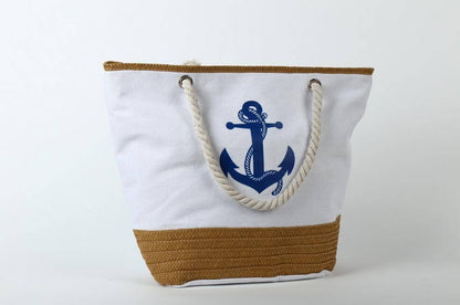 Sac de plage Tote bag paille toile blanc corde ancre marine larobedeplage.fr