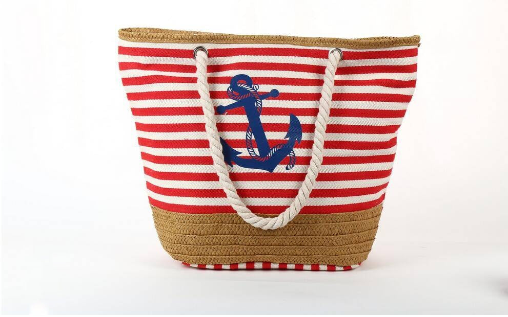 Sac de plage Tote bag paille toile rayée rouge corde ancre marine larobedeplage.fr