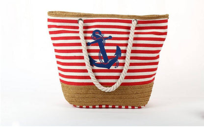 Sac de plage Tote bag paille toile rayée rouge corde ancre marine larobedeplage.fr