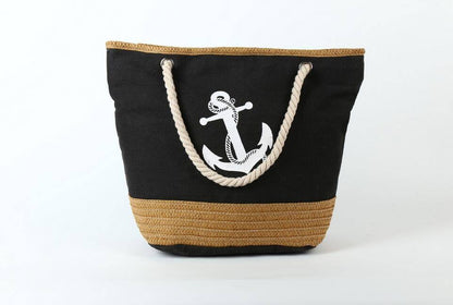 Sac de plage Tote bag paille toile noir corde ancre marine larobedeplage.fr