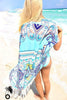 Caftan robe  de plage bleu lagon sexy à franges larobedeplage;fr
